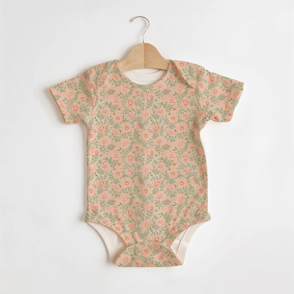 Summer Baby/Toddler Short-Sleeve Romper With Crotch Snaps – Vintage Pink Wild Rose Floral
