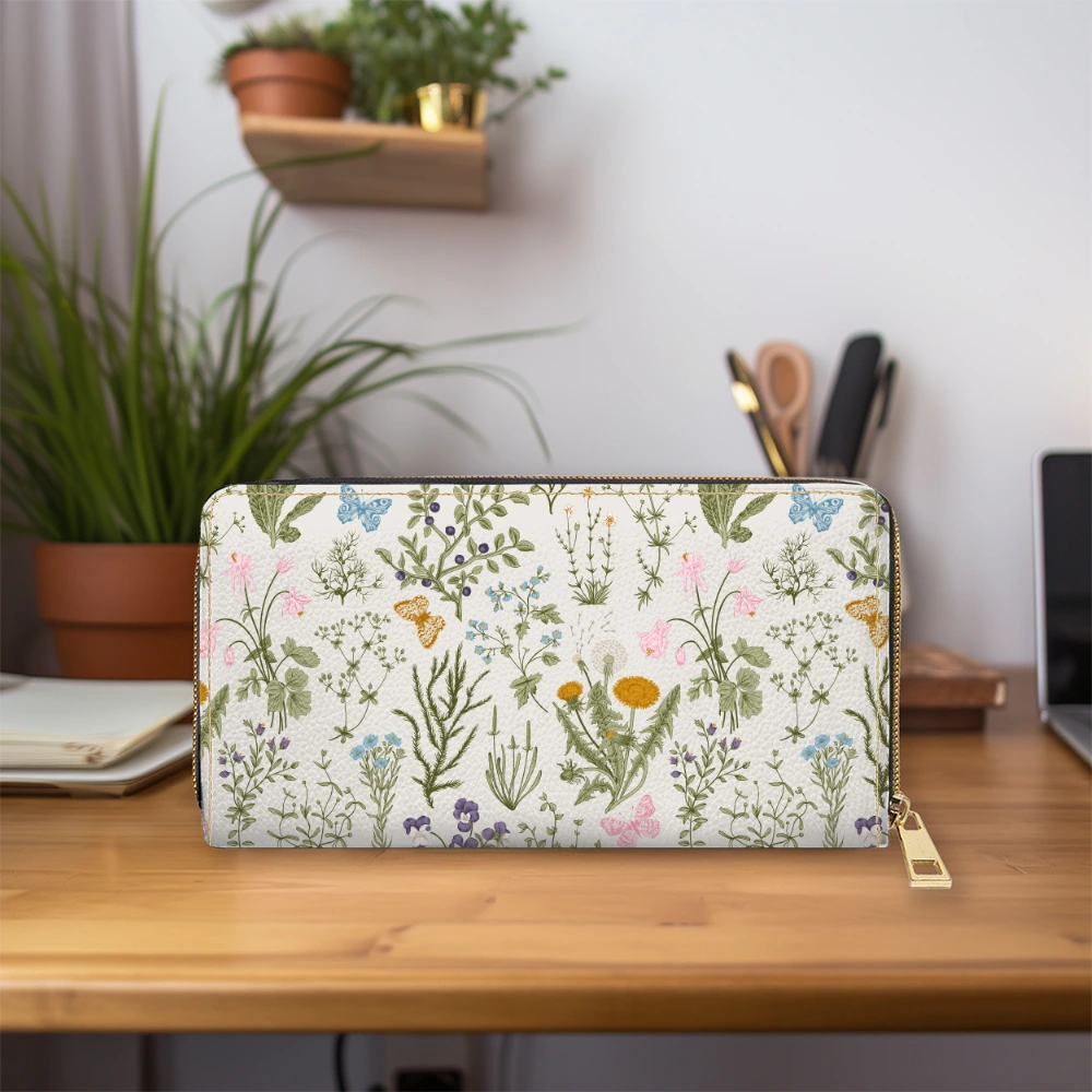 Zipper Long Clutch Wallet – Vintage Botanical Wildflowers & Herbs