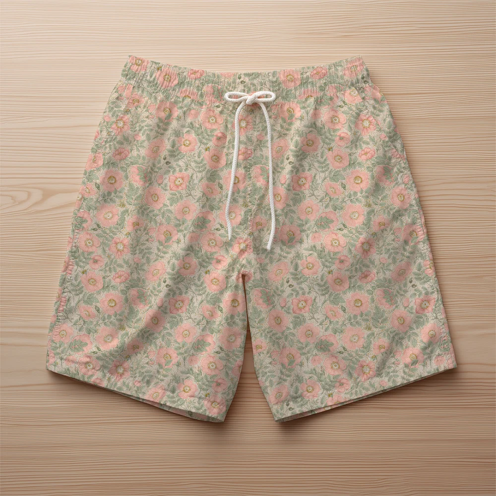 Beach Shorts – Vintage Pink Wild Rose Floral