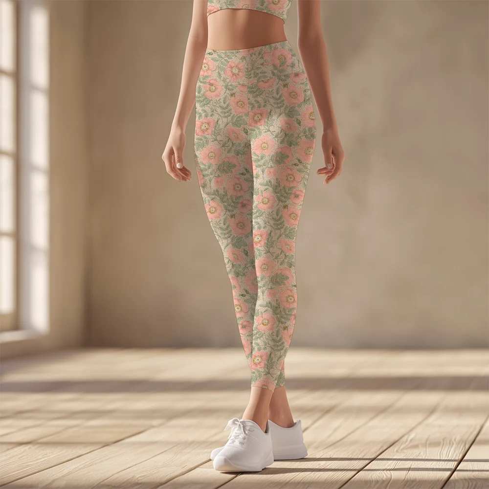 Women's Yoga Leggings – Vintage Pink Wild Rose Floral