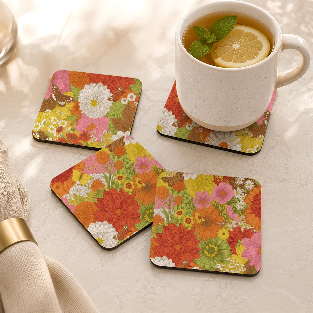 PU Leather Coaster – Retro Autumn Flowers & Butterflies