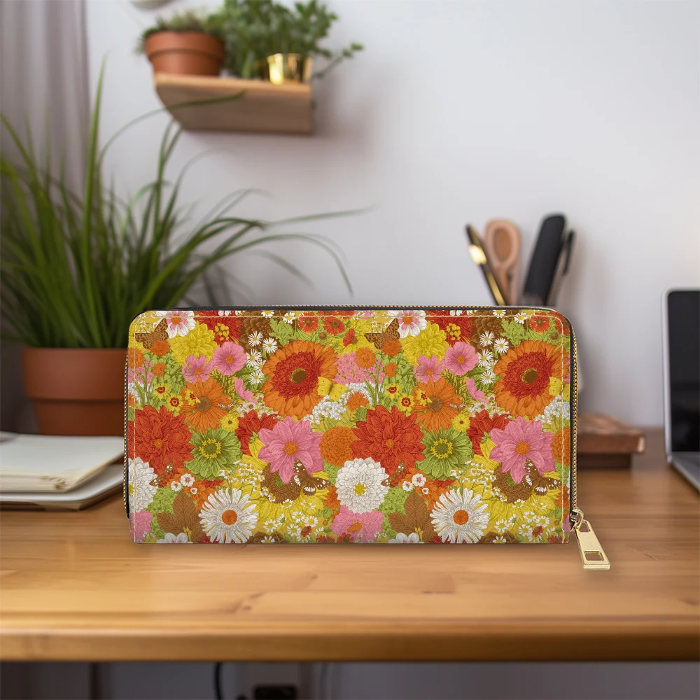 Zipper Long Clutch Wallet – Retro Autumn Flowers & Butterflies