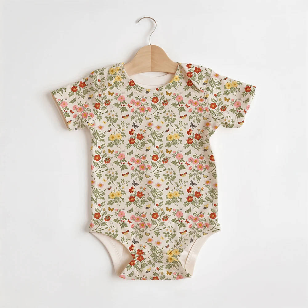 Summer Baby/Toddler Short-Sleeve Romper With Crotch Snaps – Vintage Wild Rose Butterfly