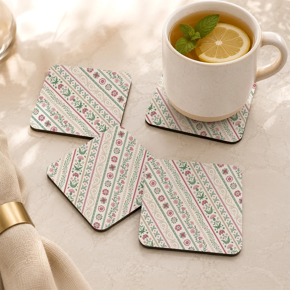 PU Leather Coaster – Pink Green Meadow Floral Stripe