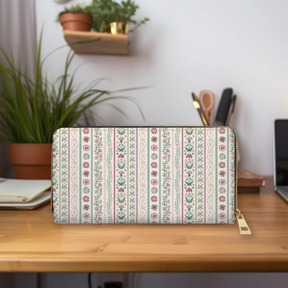 Zipper Long Clutch Wallet – Pink Green Meadow Floral Stripe