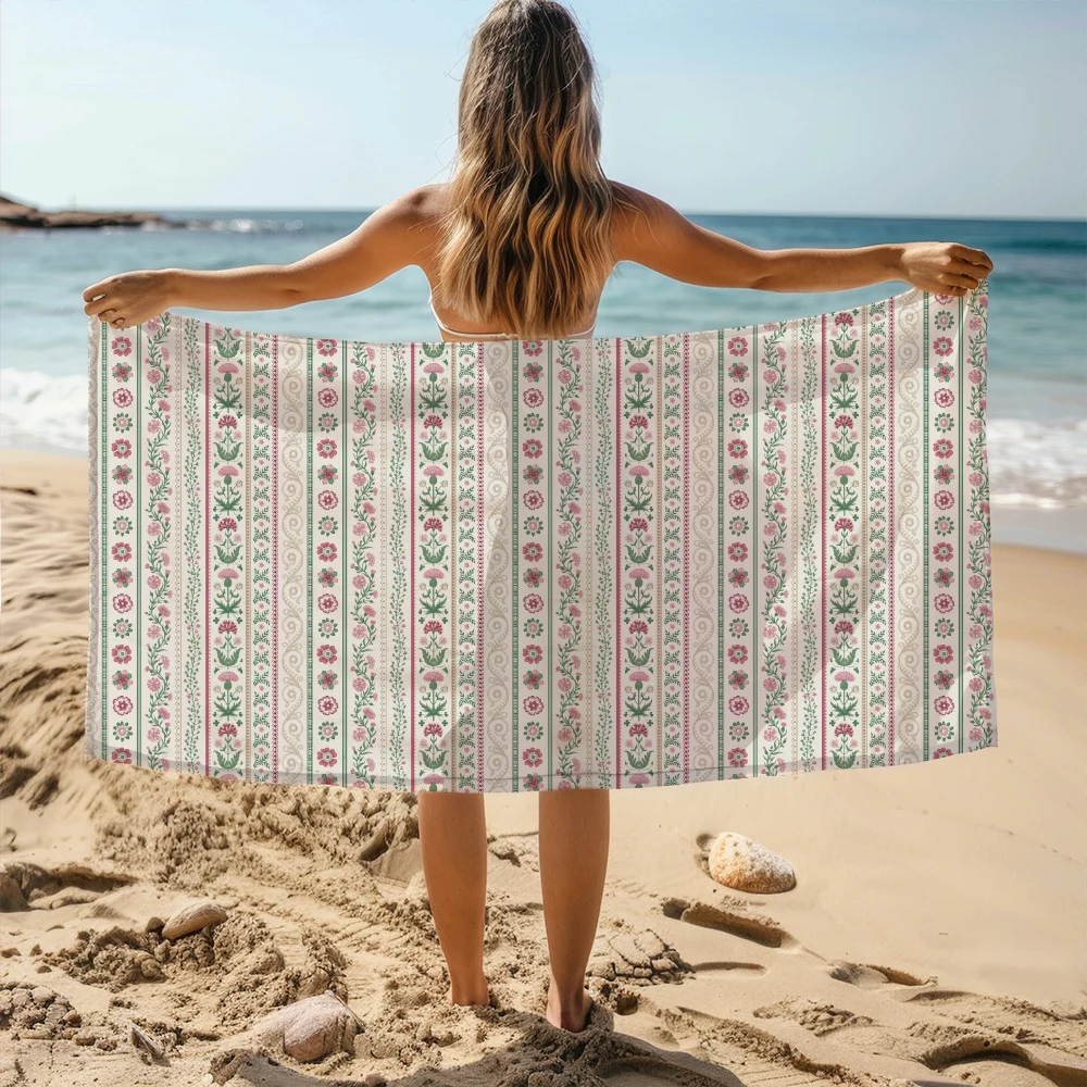 Beach Towel – Pink Green Meadow Floral Stripe