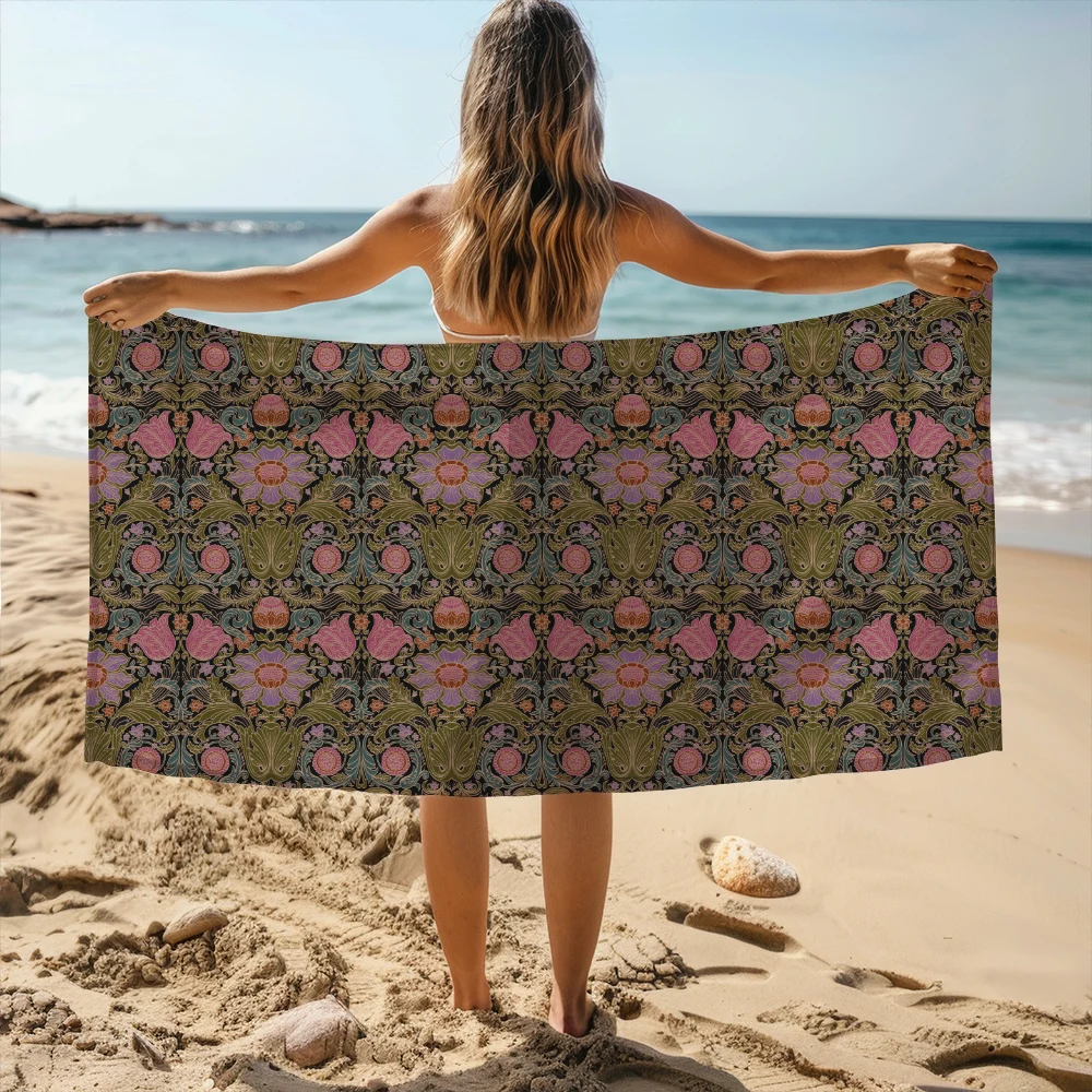Beach Towel – Vintage Baroque Floral Black Ground