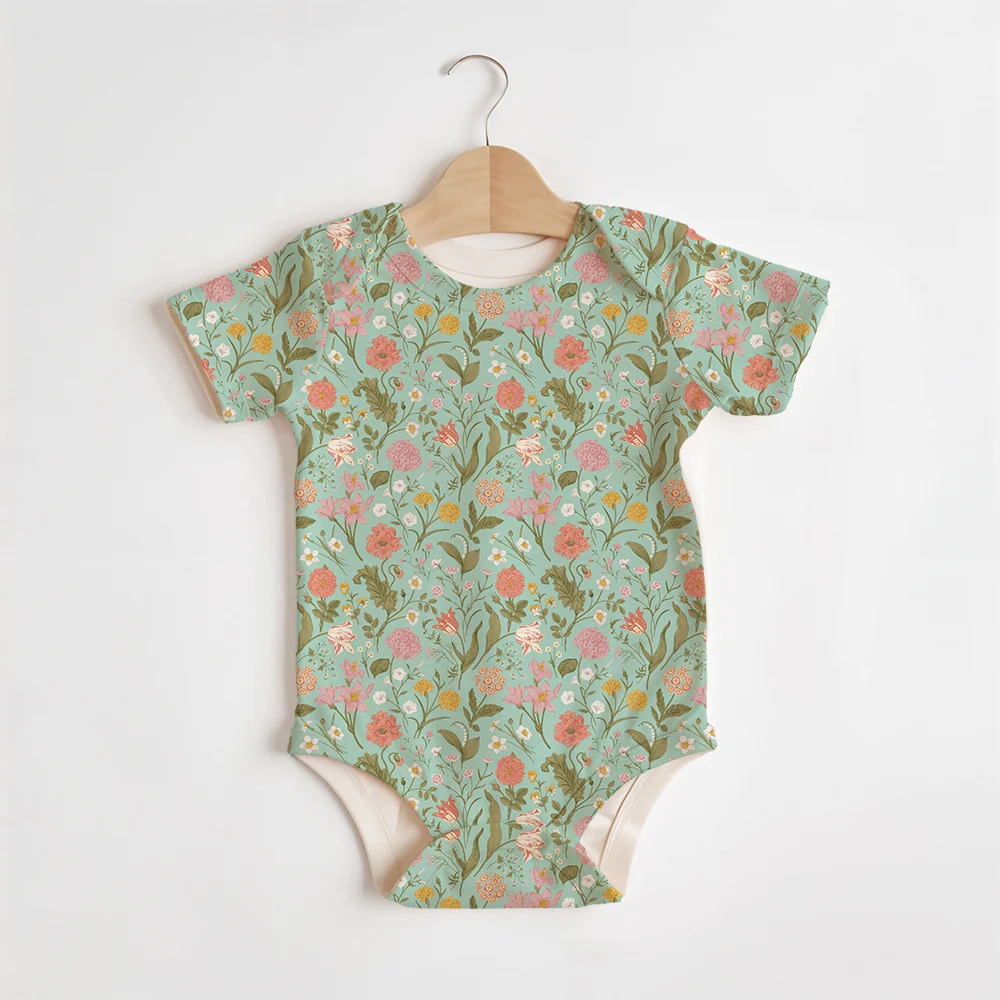 Summer Baby/Toddler Short-Sleeve Romper With Crotch Snaps – Shabby Chic Classic Floral Seamless Pattern