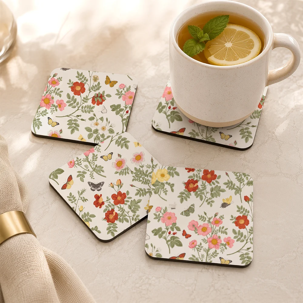 PU Leather Coaster – Vintage Wild Rose Butterfly