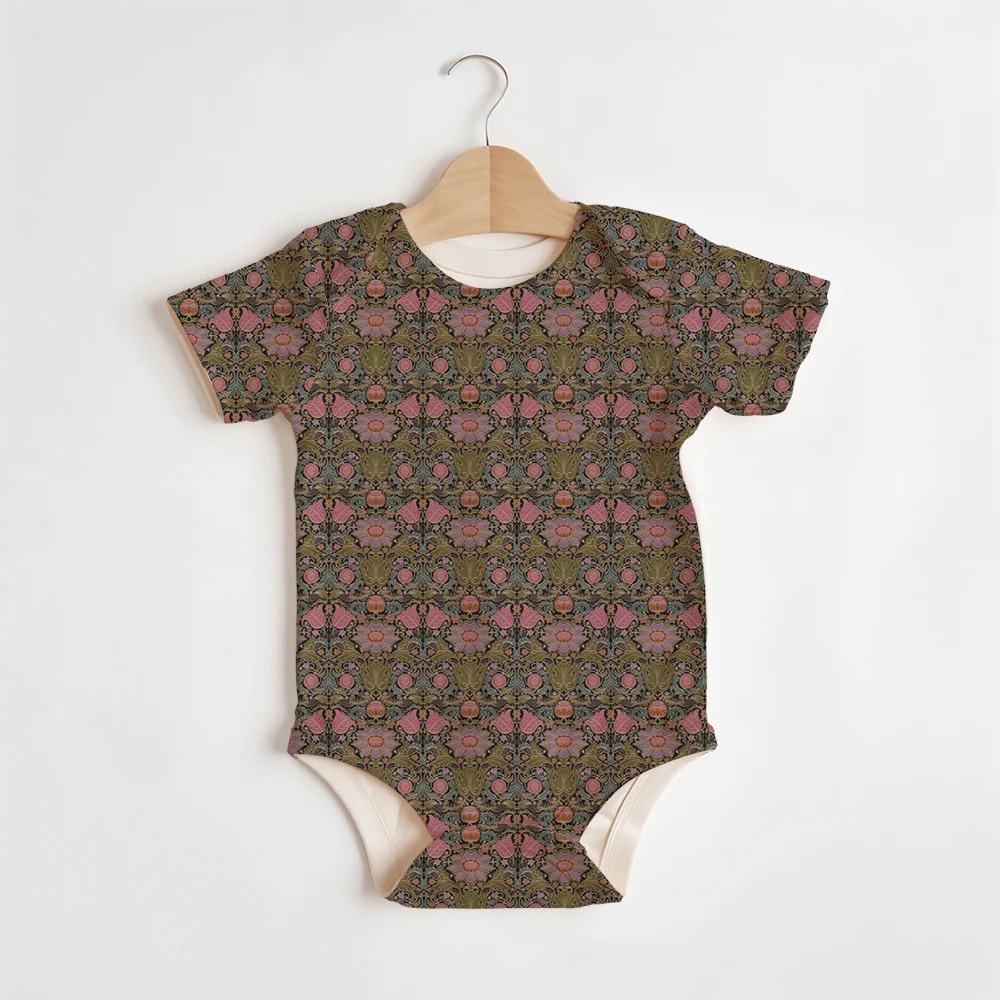 Summer Baby/Toddler Short-Sleeve Romper With Crotch Snaps – Vintage Baroque Floral Black Ground