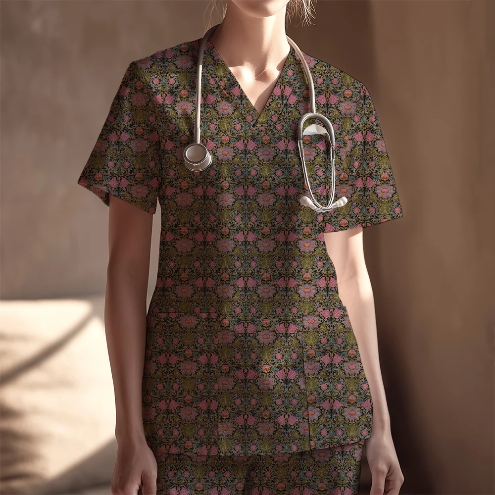 Women's Nurse Scrubs Set – Vintage Baroque Floral Black Ground