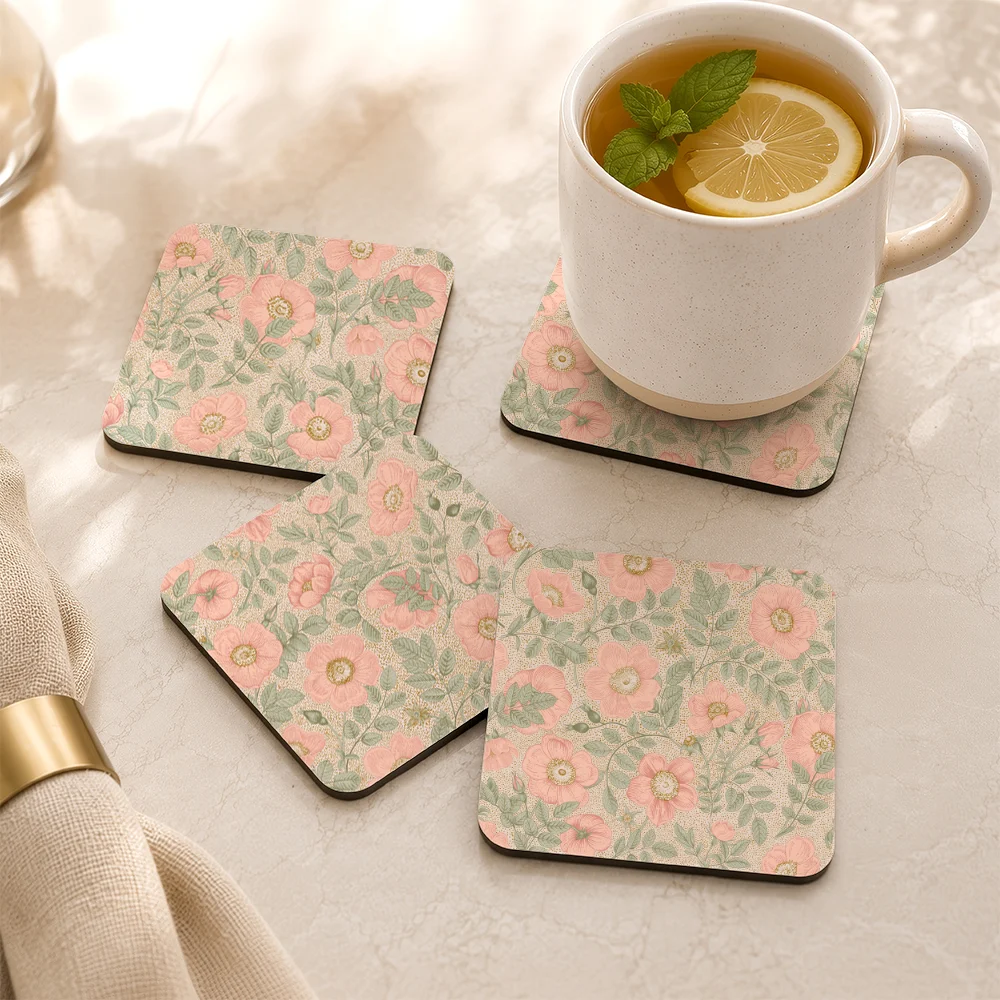 PU Leather Coaster – Vintage Pink Wild Rose Floral