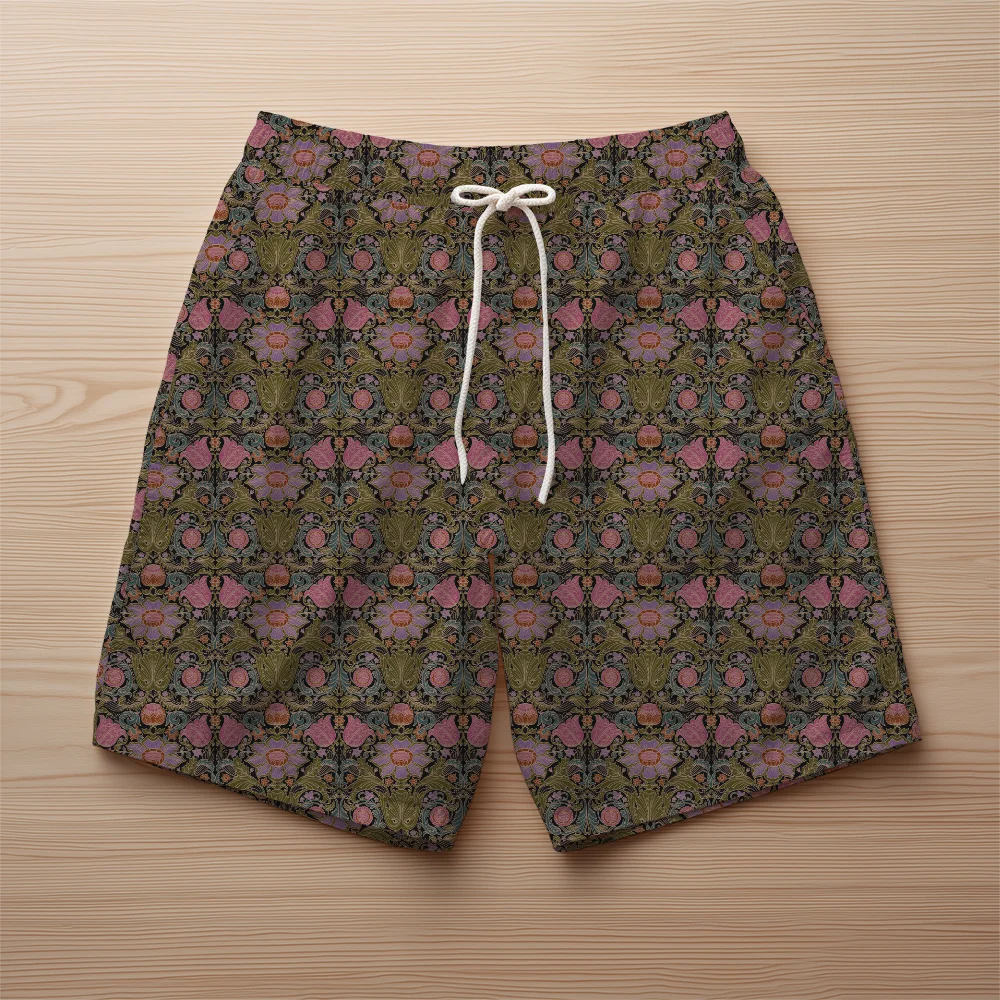 Beach Shorts – Vintage Baroque Floral Black Ground