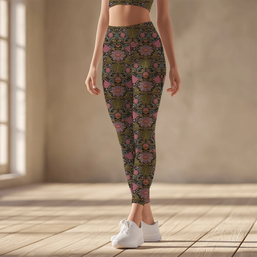Women's Yoga Leggings – Vintage Baroque Floral Black Ground