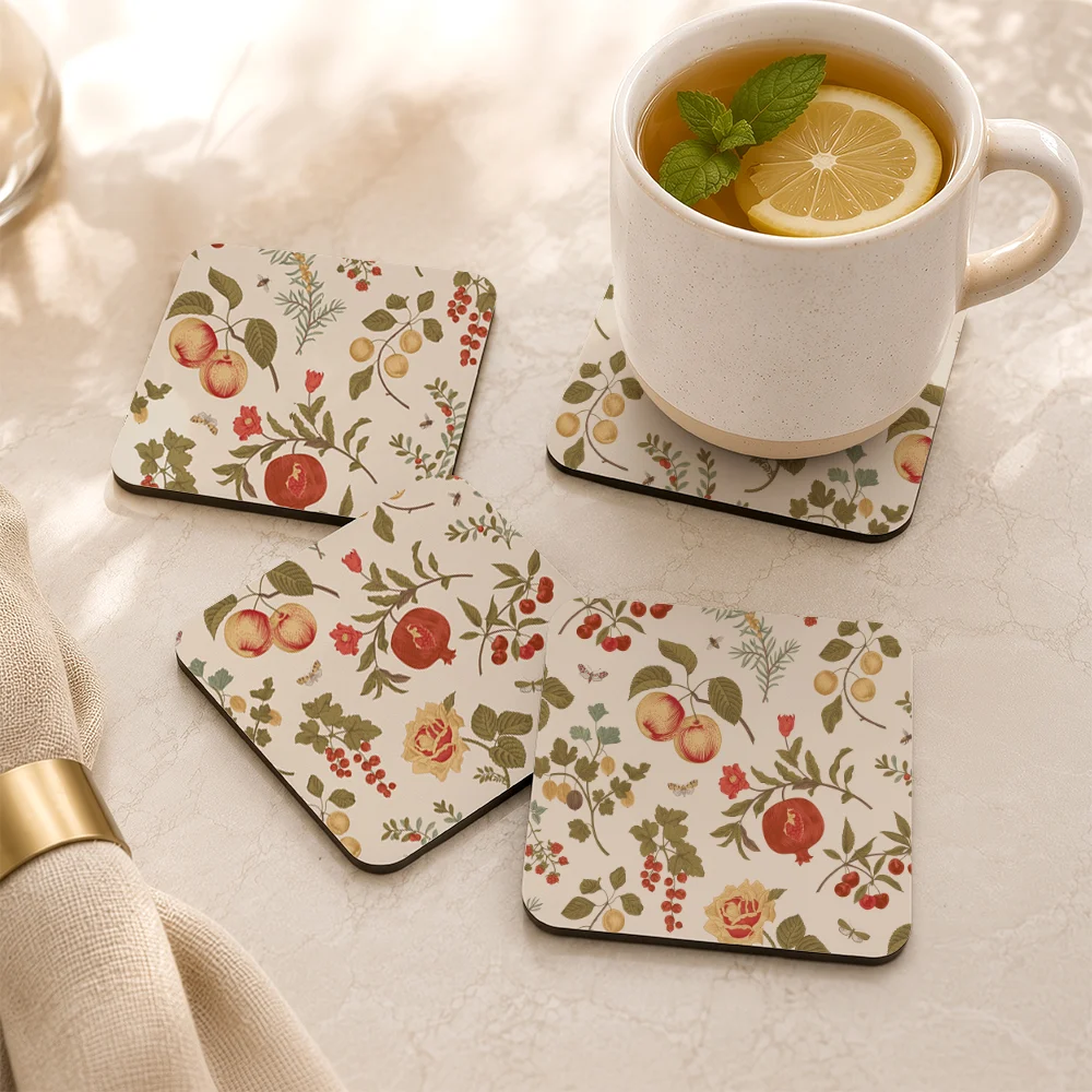 PU Leather Coaster – Autumn Fruit, Berry, and Floral Pattern