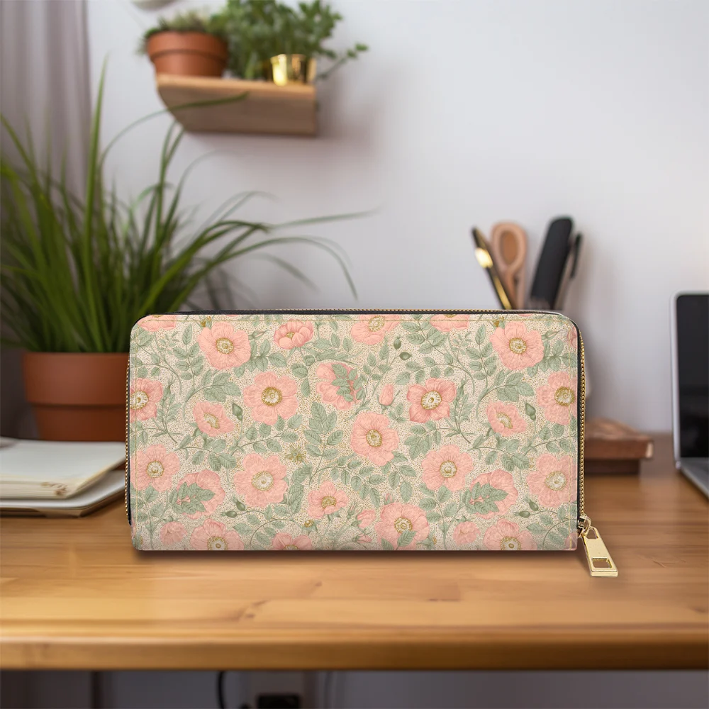 Zipper Long Clutch Wallet – Vintage Pink Wild Rose Floral