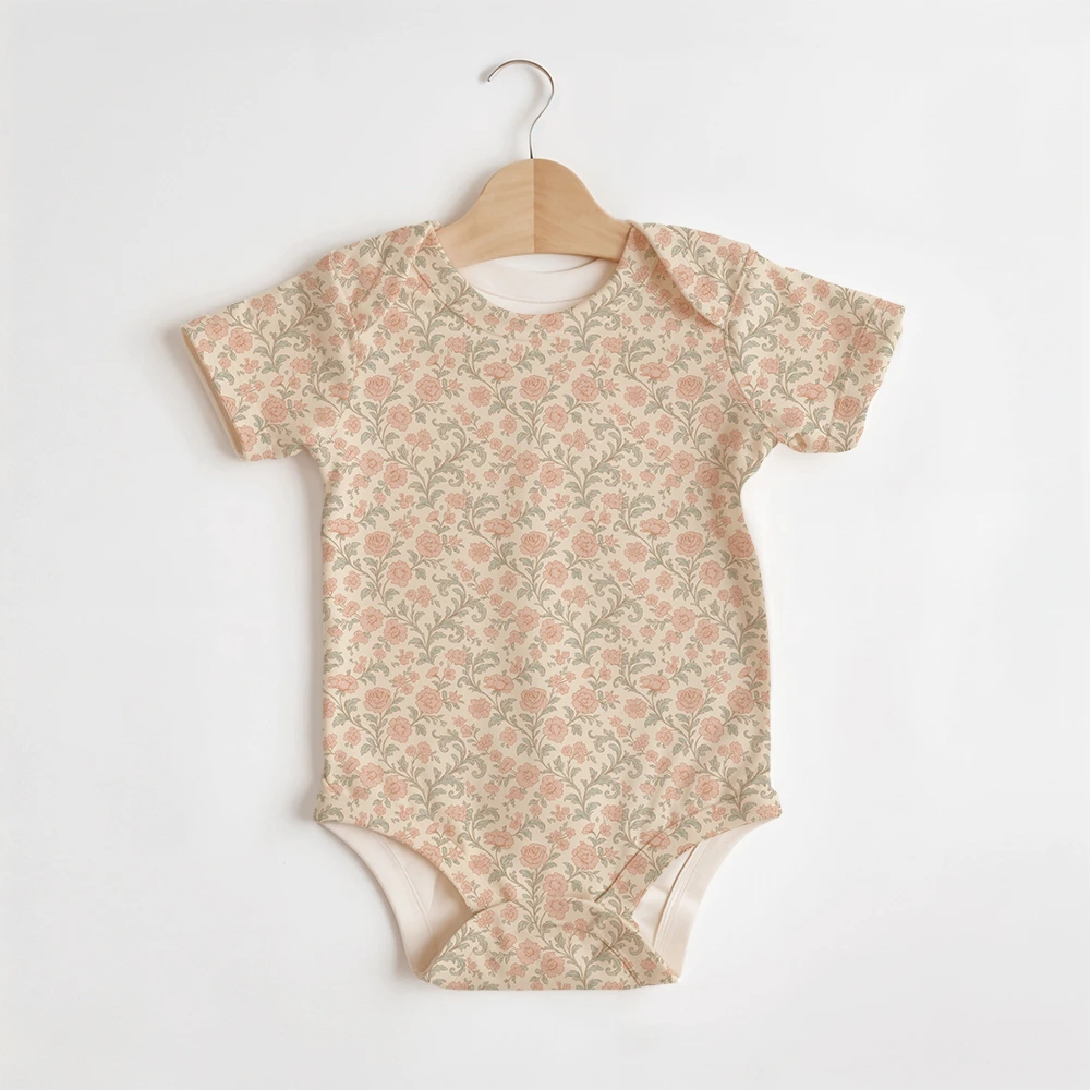 Summer Baby/Toddler Short-Sleeve Romper With Crotch Snaps – Pastel Toile de Jouy Vintage Vector Floral Pattern