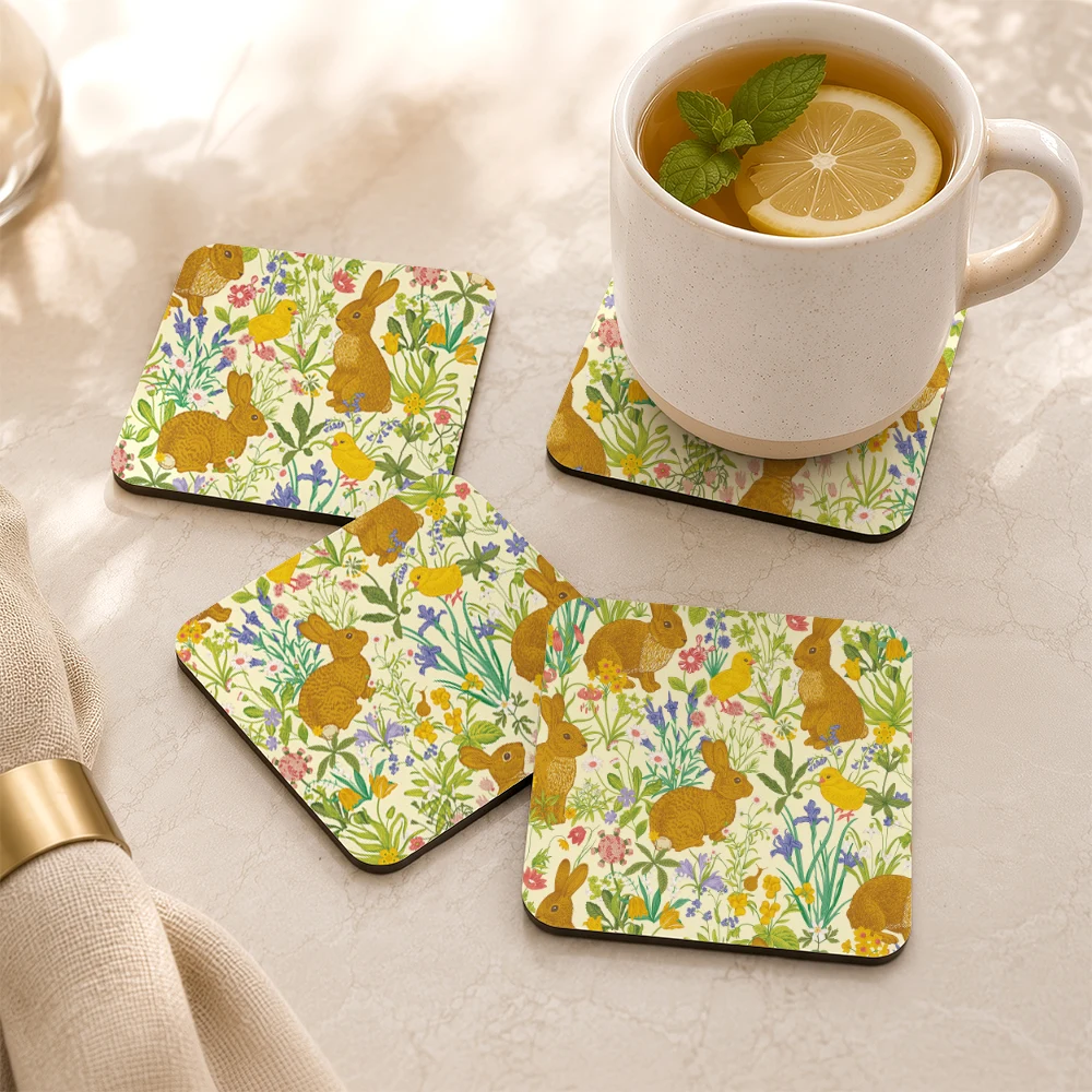 PU Leather Coaster – Vintage Meadow Flower and Bunny Pattern