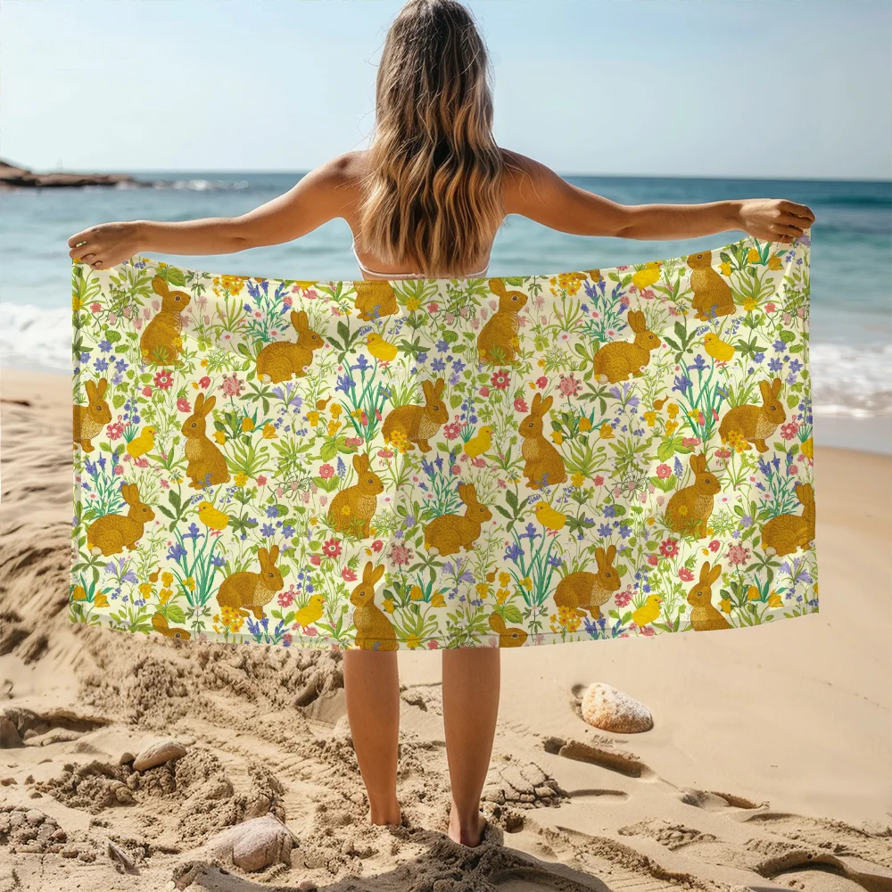 Beach Towel – Vintage Meadow Flower and Bunny Pattern