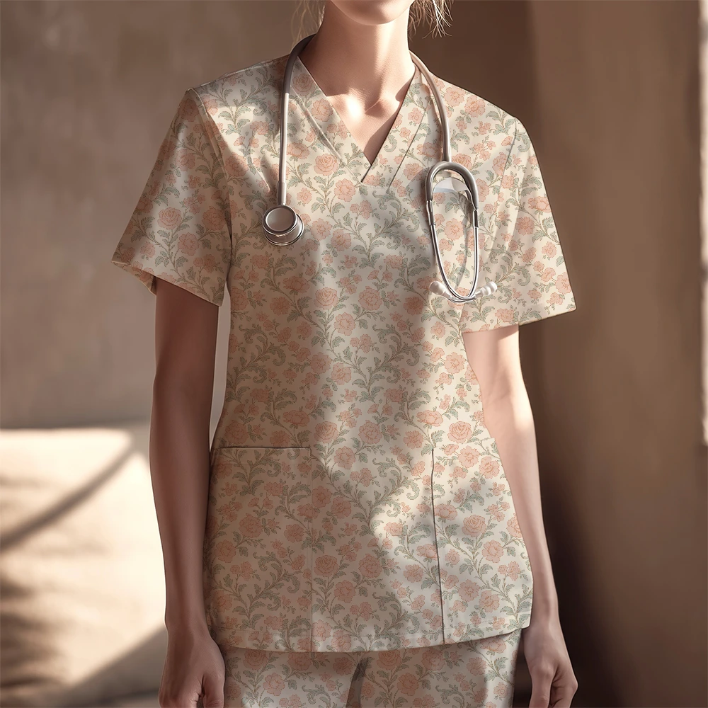 Women's Nurse Scrubs Set – Pastel Toile de Jouy Vintage Vector Floral Pattern