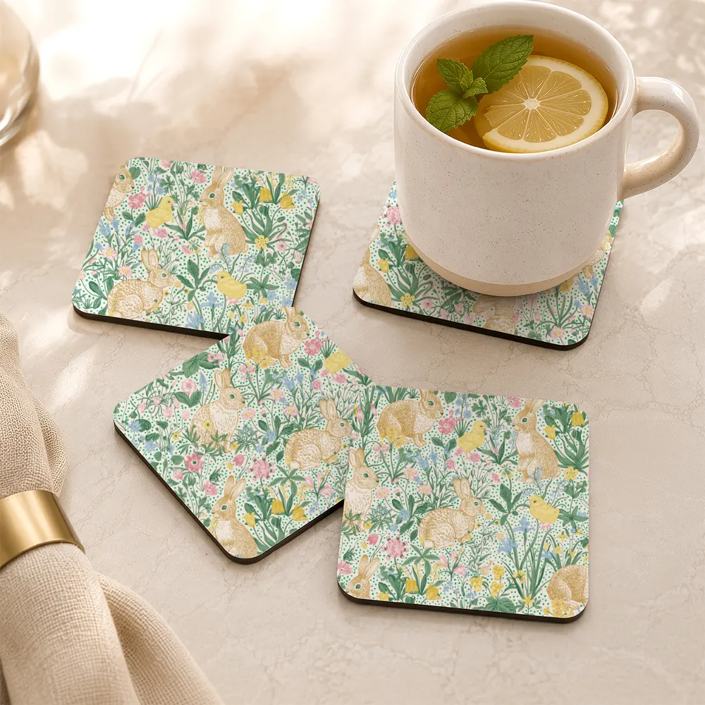 PU Leather Coaster – Vintage Bunny Chicken Pattern