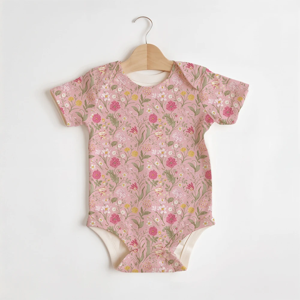 Summer Baby/Toddler Short-Sleeve Romper With Crotch Snaps – Blush Pink Shabby Chic Floral