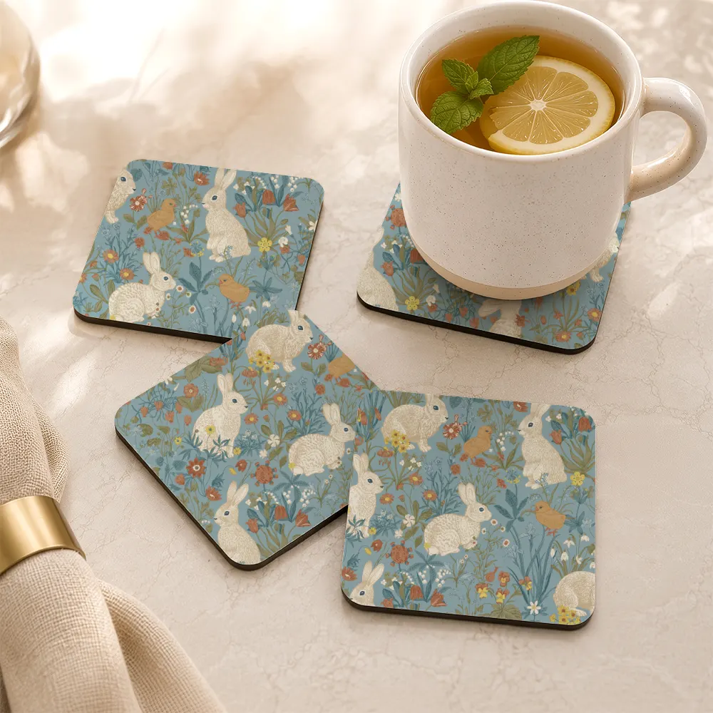 PU Leather Coaster – Vintage White Bunny Blue Floral