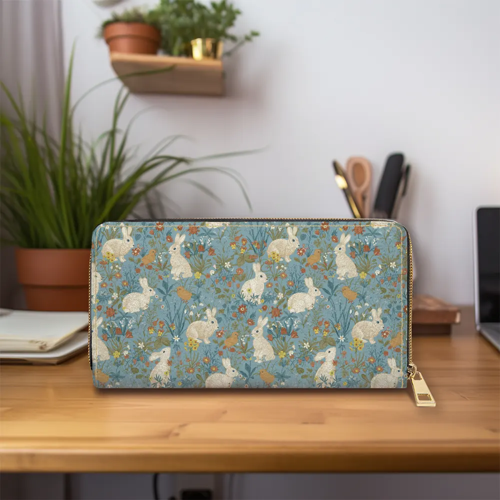 Zipper Long Clutch Wallet – Vintage White Bunny Blue Floral