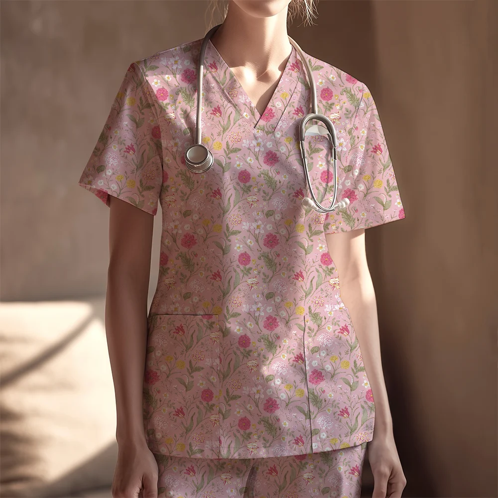 Women's Nurse Scrubs Set – Blush Pink Shabby Chic Floral