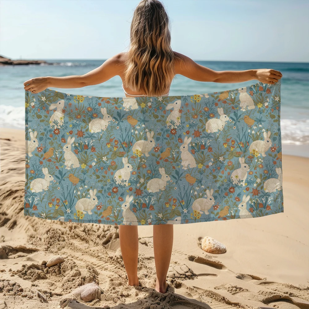 Beach Towel – Vintage White Bunny Blue Floral