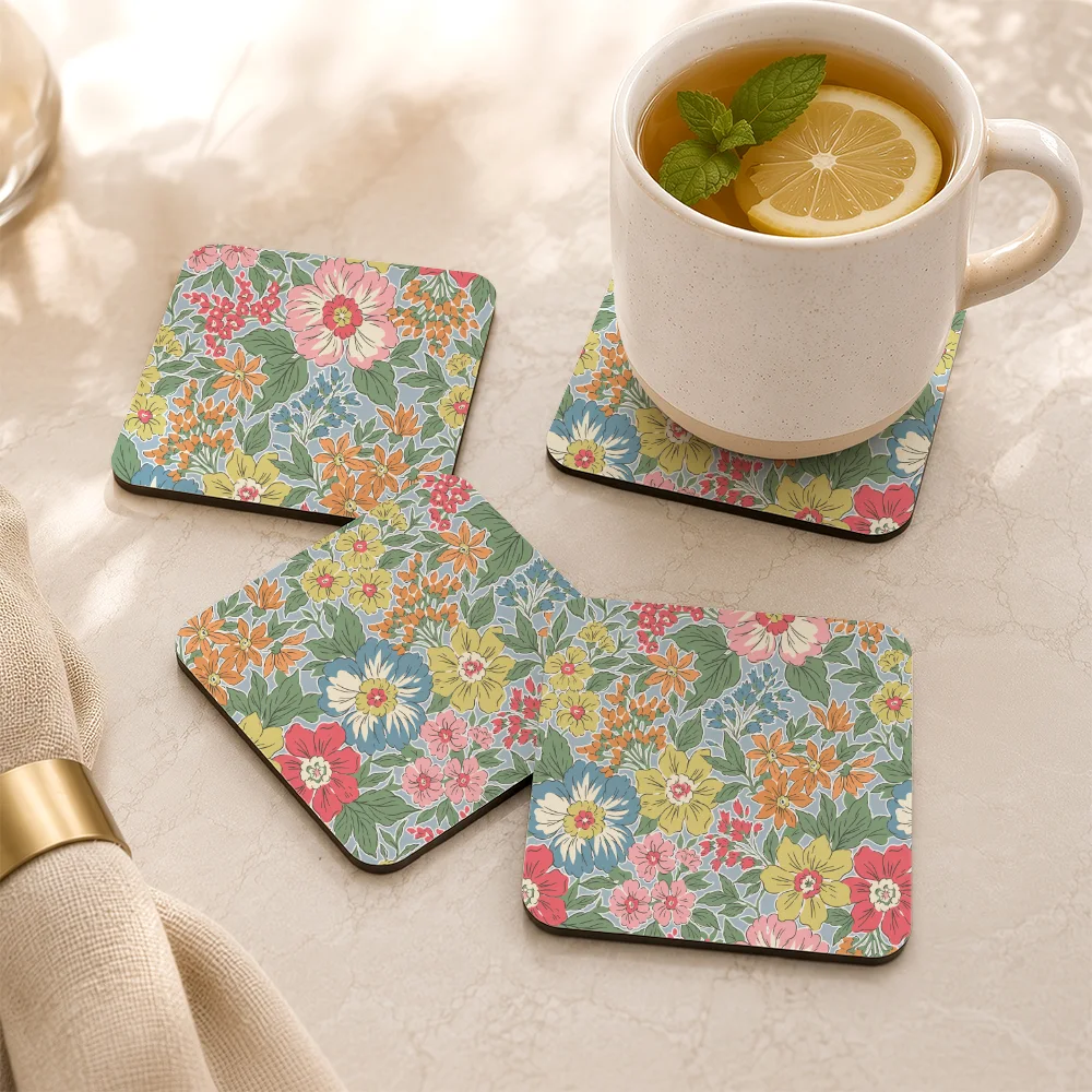 PU Leather Coaster – Vintage Ditsy Pastel Flowers on Blue Background