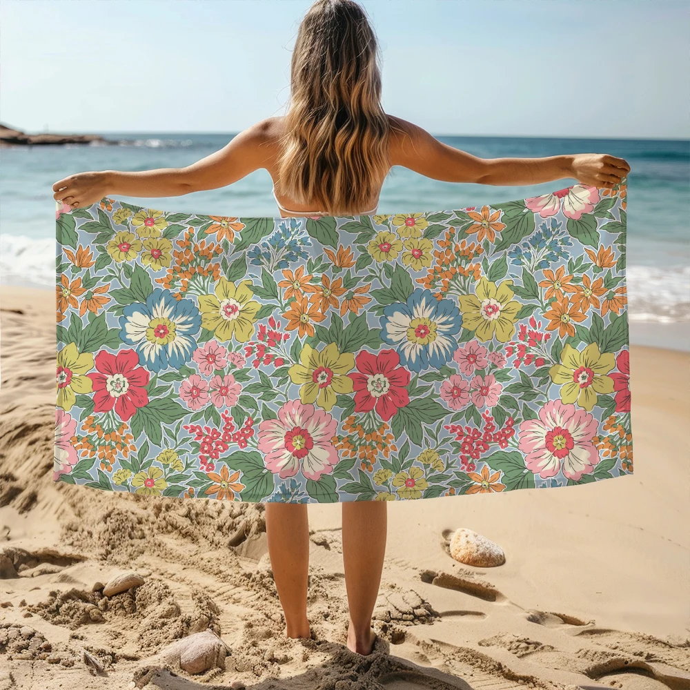 Beach Towel – Vintage Ditsy Pastel Flowers on Blue Background