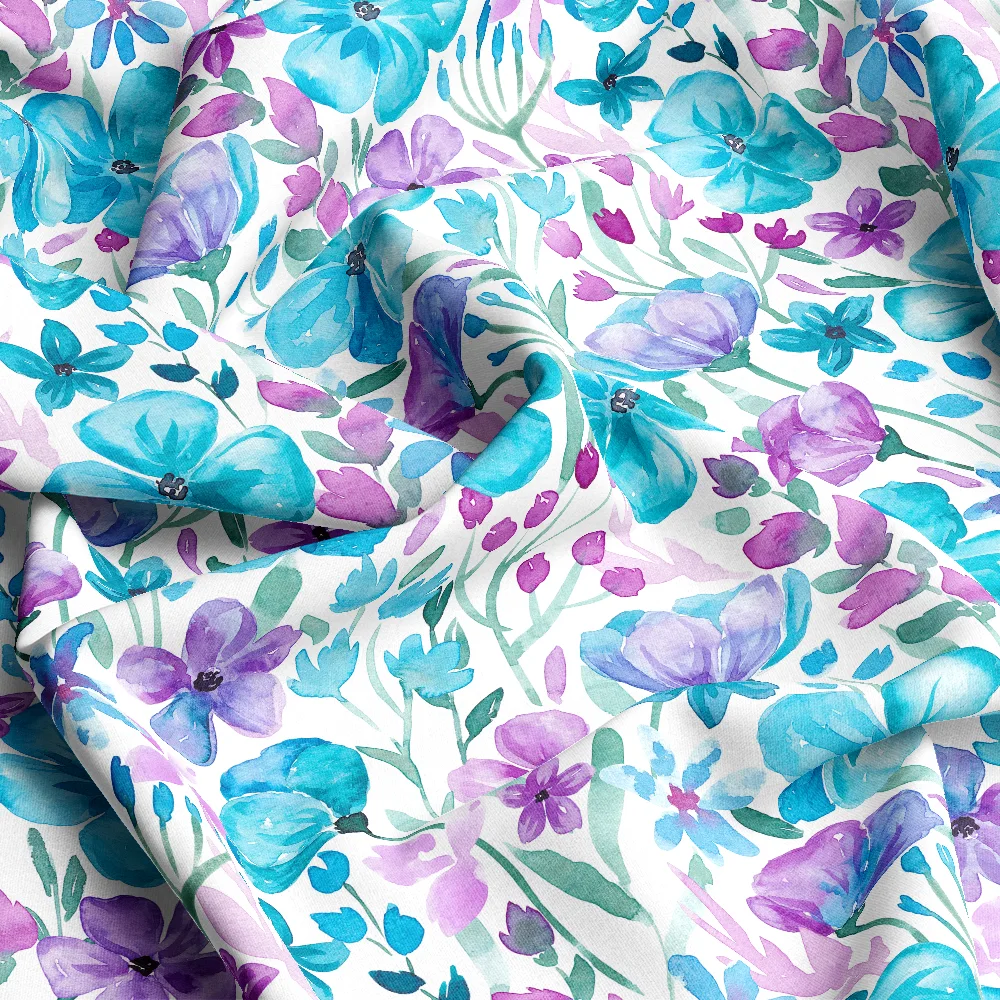 Blue Watercolor Summer Meadow Floral Pattern – Custom Print Fabrics